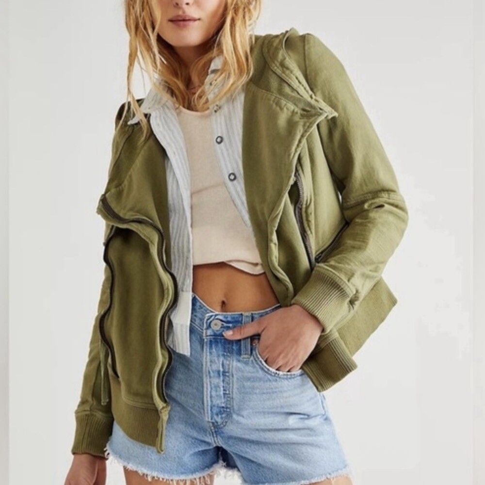 We The Free Carmen Hooded Asymmetric Zipper Green Moto Jacket Free People Sz XS